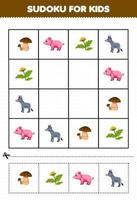 Education game for children sudoku for kids with cute cartoon pig donkey mushroom flower printable farm worksheet vector