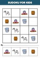 juego educativo para niños sudoku para niños con vaca de dibujos animados lindo topo cubo de barril de madera hoja de trabajo de granja imprimible vector