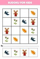 juego educativo para niños sudoku para niños con lindo pájaro de dibujos animados hoja de molino de viento hoja de trabajo de granja imprimible vector