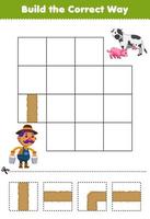 Education game for children build the correct way help cute cartoon farmer carrying bucket move to pig and cow printable farm worksheet vector