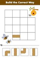 Education game for children build the correct way help cute cartoon bee move to beehive printable farm worksheet vector