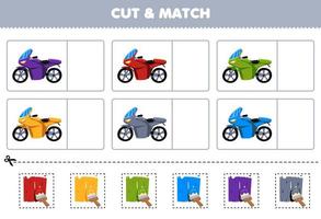 juego educativo para niños corta y combina el mismo color de la linda hoja de trabajo imprimible de transporte de motos de dibujos animados vector