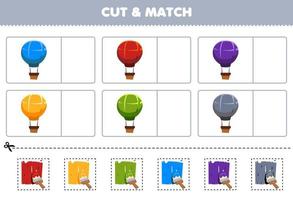 juego educativo para niños cortar y combinar el mismo color de la hoja de trabajo de transporte imprimible de globo de dibujos animados lindo vector