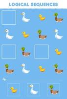 juego educativo para niños secuencias lógicas para niños con linda caricatura ganso pato imagen imprimible granja hoja de trabajo vector