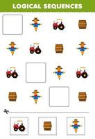 juego educativo para niños secuencias lógicas para niños con dibujos animados lindo espantapájaros barril tractor imagen hoja de trabajo de granja imprimible vector