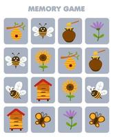 Education game for children memory to find similar pictures of cute cartoon bee beehive honey flower sunflower butterfly printable farm worksheet vector