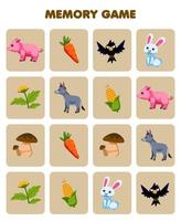 Education game for children memory to find similar pictures of cute cartoon pig carrot crow rabbit flower donkey corn mushroom printable farm worksheet vector