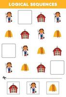 Education game for children logical sequences for kids with cute cartoon farmer girl barn haystack picture printable farm worksheet vector