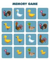 Education game for children memory to find similar pictures of cute cartoon turkey goose duck chicken printable farm worksheet vector