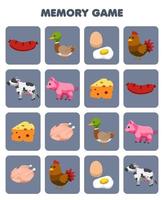 Education game for children memory to find similar pictures of cute cartoon sausage duck egg chicken meat cow pig cheese printable farm worksheet