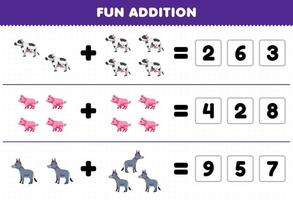 Education game for children fun addition by guess the correct number of cute cartoon cow pig donkey printable farm worksheet vector
