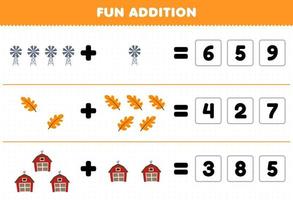 Education game for children fun addition by guess the correct number of cute cartoon windmill leaf barn printable farm worksheet vector