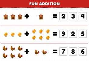 Education game for children fun addition by guess the correct number of cute cartoon coop chick chicken hen printable farm worksheet vector