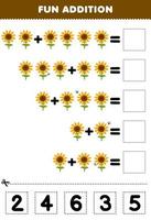 juego educativo para niños divertido además de cortar y combinar el número correcto para la hoja de trabajo de granja imprimible de girasol de dibujos animados vector