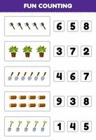 Education game for children fun counting and choosing the correct number of cute cartoon ax plant shovel wood log hoe printable farm worksheet vector