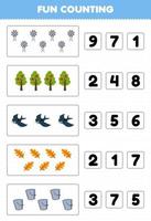 Education game for children fun counting and choosing the correct number of cute cartoon windmill tree bird leaf bucket printable farm worksheet vector