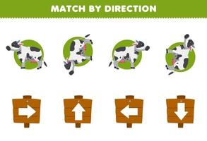 Education game for children match by direction left right up or down orientation of cute cartoon cow printable farm worksheet vector