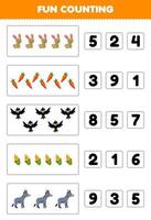 Education game for children fun counting and choosing the correct number of cute cartoon rabbit carrot crow corn donkey printable farm worksheet vector