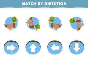 Education game for children match by direction left right up or down orientation of cute cartoon duck printable farm worksheet vector