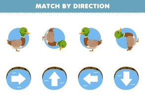 Education game for children match by direction left right up or down orientation of cute cartoon duck printable farm worksheet vector