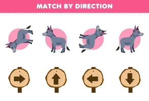 Education game for children match by direction left right up or down orientation of cute cartoon donkey printable farm worksheet vector