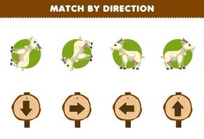 juego educativo para niños emparejar por dirección izquierda derecha arriba o abajo orientación de la hoja de trabajo de granja imprimible de cabra de dibujos animados lindo vector