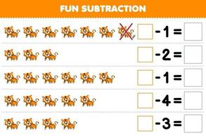 Education game for children fun subtraction by counting cute cartoon orange tiger in each row and eliminating it printable animal worksheet vector