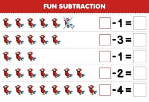 Education game for children fun subtraction by counting cute cartoon red parrot bird in each row and eliminating it printable animal worksheet vector