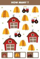 Education game for children searching and counting how many objects of cute cartoon barn haystack tractor printable farm worksheet vector