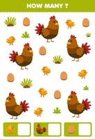 Education game for children searching and counting how many objects of cute cartoon chicken hen chick egg printable farm worksheet vector