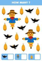 juego educativo para niños buscando y contando cuántos objetos de dibujos animados lindo espantapájaros cuervo hoja de trabajo de granja imprimible de maíz vector