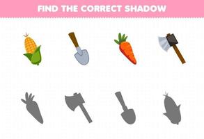 Education game for children find the correct shadow set of cute cartoon corn shovel carrot ax printable farm worksheet vector