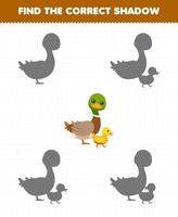 Education game for children find the correct shadow set of cute cartoon duck and duckling printable farm worksheet vector