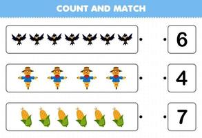 Education game for children count the number of cute cartoon crow scarecrow corn and match with the right numbers printable farm worksheet vector