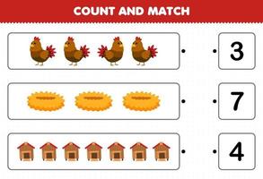 Education game for children count the number of cute cartoon chicken nest coop and match with the right numbers printable farm worksheet vector