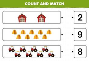 Education game for children count the number of cute cartoon barn haystack tractor and match with the right numbers printable farm worksheet vector