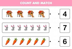 juego educativo para niños cuente el número de dibujos animados lindo conejo zanahoria y haga coincidir con los números correctos hoja de trabajo de granja imprimible vector