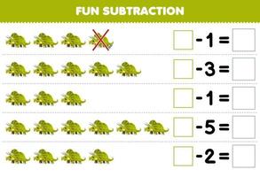 Education game for children fun subtraction by counting cute cartoon triceratops in each row and eliminating it printable prehistoric dinosaur worksheet vector