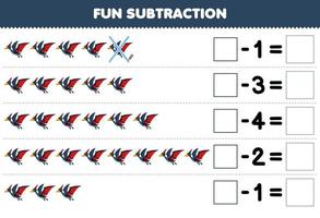Education game for children fun subtraction by counting cute cartoon pteranodon in each row and eliminating it printable prehistoric dinosaur worksheet vector