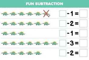 Education game for children fun subtraction by counting cute cartoon stegosaurus in each row and eliminating it printable prehistoric dinosaur worksheet vector