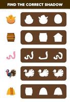 Education game for children find the correct shadow silhouette of cute cartoon chick barrel worm turkey haystack printable farm worksheet vector