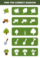 Education game for children find the correct shadow silhouette of cute cartoon leaf wheelbarrow tree shovel plant printable farm worksheet vector