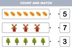 Education game for children count the number of cute cartoon leaf windmill tree and match with the right numbers printable farm worksheet vector