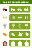 Education game for children find the correct shadow silhouette of cute cartoon tractor fence windmill leaf barn printable farm worksheet vector