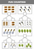 juego educativo para niños diversión contando imagen en cada caja de dibujos animados lindo tronco de madera hacha pala árbol hoja de trabajo de granja imprimible vector