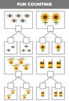 juego educativo para niños diversión contando imagen en cada caja de dibujos animados lindo abeja girasol colmena miel imprimible granja hoja de trabajo vector