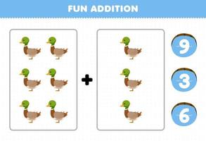 Education game for children fun addition by count and choose the correct answer of cute cartoon duck printable farm worksheet vector