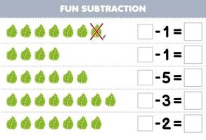 Education game for children fun subtraction by counting cartoon kale in each row and eliminating it printable vegetable worksheet vector