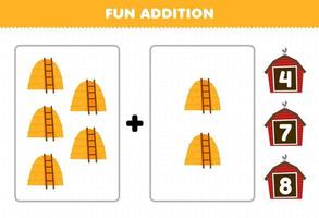 Education game for children fun addition by count and choose the correct answer of cute cartoon haystack printable farm worksheet vector