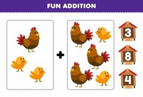 juego de educación para niños diversión adición por conteo y elegir la respuesta correcta de dibujos animados lindo pollo gallina y pollito hoja de trabajo de granja imprimible vector